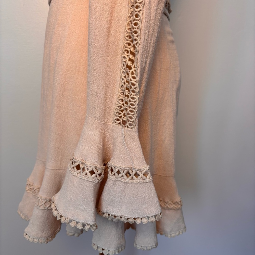 Saints and Secrets Flare Linen Embroidered Flare Cuff Waist Tie Dress Beige Sz S - Picture 9 of 15